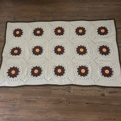 Vtg Christmas Crochet Afghan 3D Poinsettias White 38”x63” Red Green Bordered