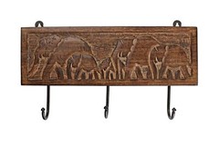 WOODEN CLOTH HOOKS WALL MOUNTED COAT RACK 3 HOOKS WITH ELEPHANT CARVING FOR HANG