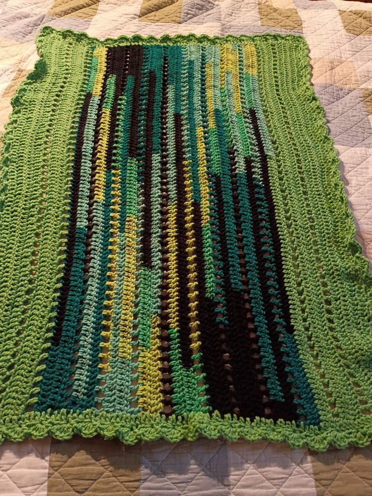 Handmade Crochet Striped Green Yellow Black lap Blanket Bordered