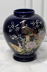 Vintage Japanese Cobalt Blue Vase With Peacock & Floral Design 6 Inches High