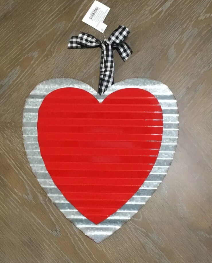 Valentines Day Galvanized Rustic Metal Sign Double Heart Gingham Bow 11.8”x11.8”