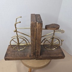 Vintage Bicycle Bookends Wood and Gold Tone Metal Bike Distressed Felt Bottom