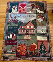 VTG 90s Tapestry Throw Blanket Bless Our Home Calendar Months Patchwork Holiday