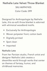 NEW Anthropologie Nathalie Lete Turquoise Velvet Floral Throw Blanket 50″x60”