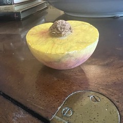 Early Italian Alabaster Hand Carved Hand Painted Half Peach With Pit . MCM