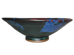 Vintage ARTISAN CRAFTED Green, Red, & Blue Glazed Pottery Gallery Bowl 12.5 USA