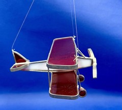 HANDMADE Lead Stained Glass Biplane Red & White Vintage