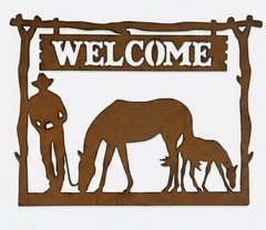 Rustic Metal Cowboy Welcome Sign Horse Mare & Foal Western Home Decor Wall Art
