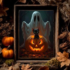 Black Cat and Pumpkin Ghost – Halloween Digital Wall Art | (DIGITAL DOWNLOAD)