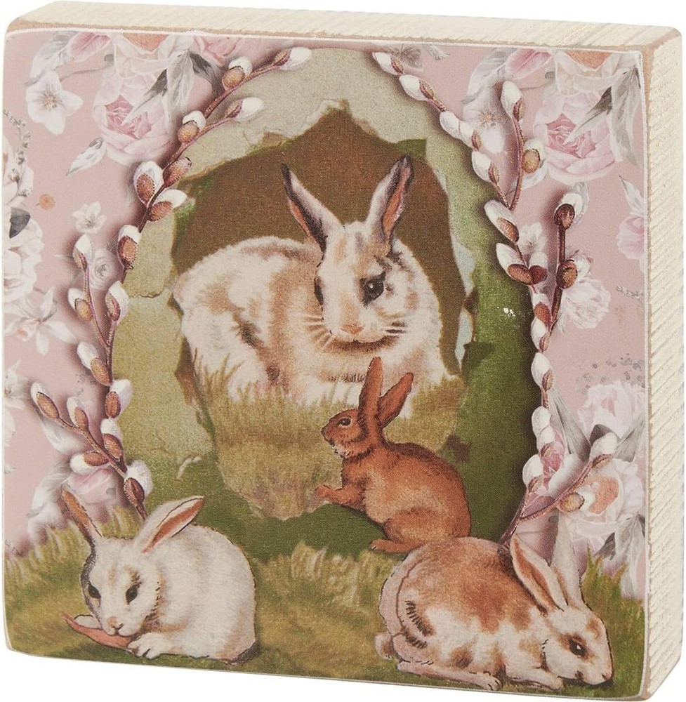 Vintage Bunnies Spring Primitives by Kathy Wood Block Sign 4 in x 4 in