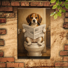 Humorous Beagle Dog on Toilet Playful Bathroom Newspaper Canvas Art