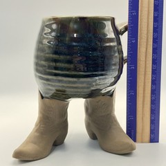 VTG 1981 Five Bridges Art Pottery Cowboy Boot Mug, Hat Vessel Set Western Whimsy