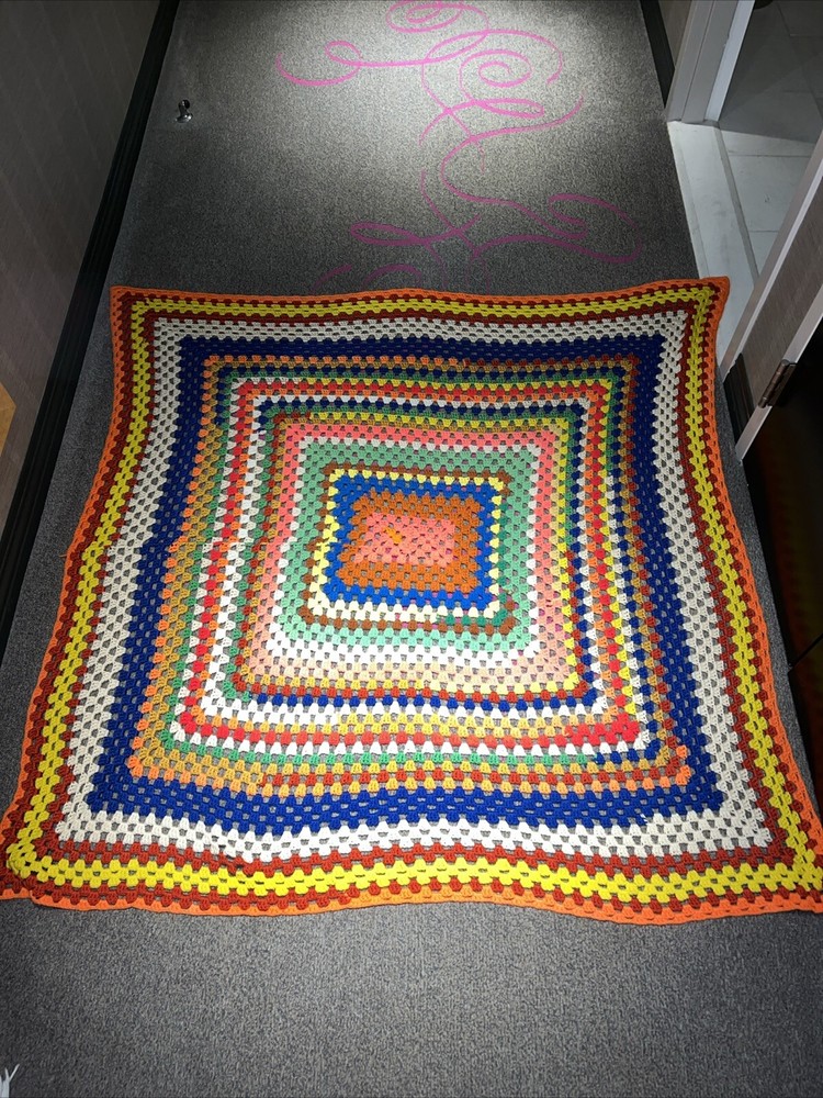 Vintage Crochet Square Pattern Multicolor Afghan Blanket Throw Afghan 60” x 52”