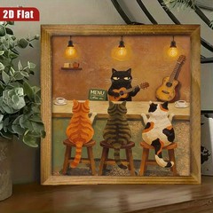 Retro Oil Painting Cat Band Guitar Coffee Bar Whimsical Living Room Wall Plaque