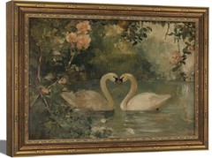 Vintage Gold Frame Romantic Swan Canvas Wall Art Classical Lake Couple Swan W…