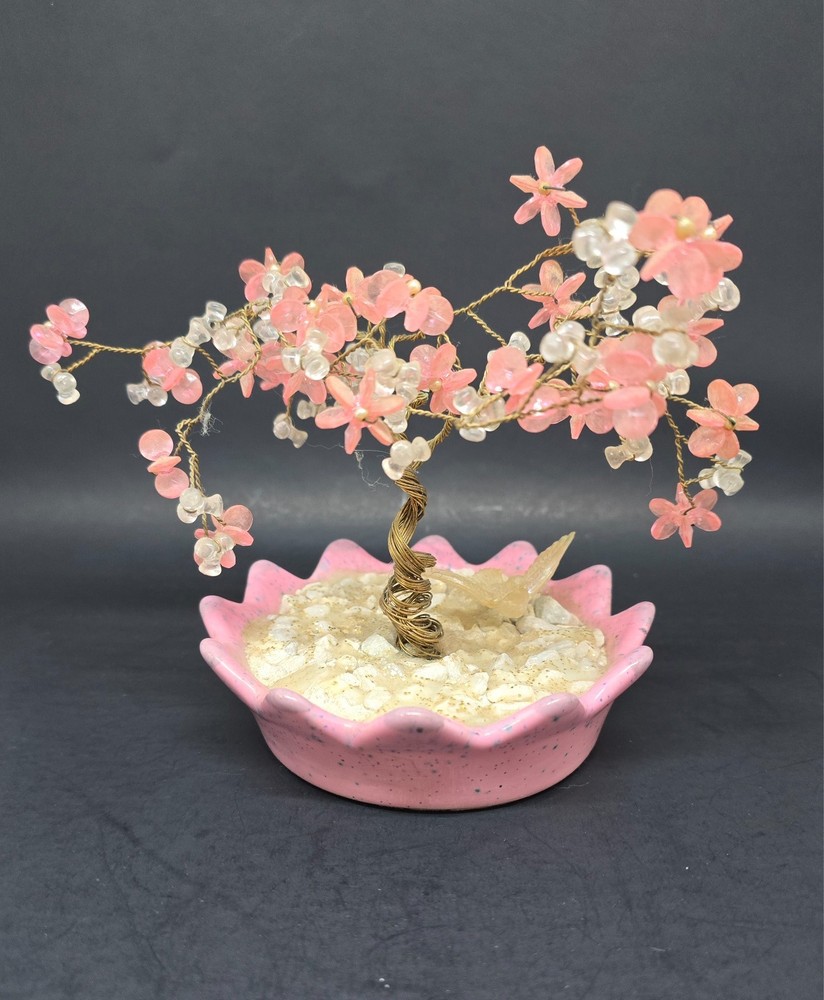 Copper Wire Bonsai Tree, Pink & White Beads, White Rocks Pink Bowl Home Decor