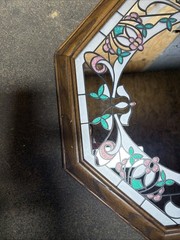 Vintage Octagonal Floral Etched Mirror Retro 1980s Stained Glass Wood Frame
