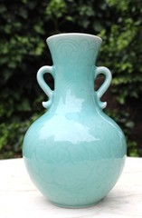 Late 20th century Porcelain Longquan China Carved Celadon Vase w/ Two Handles