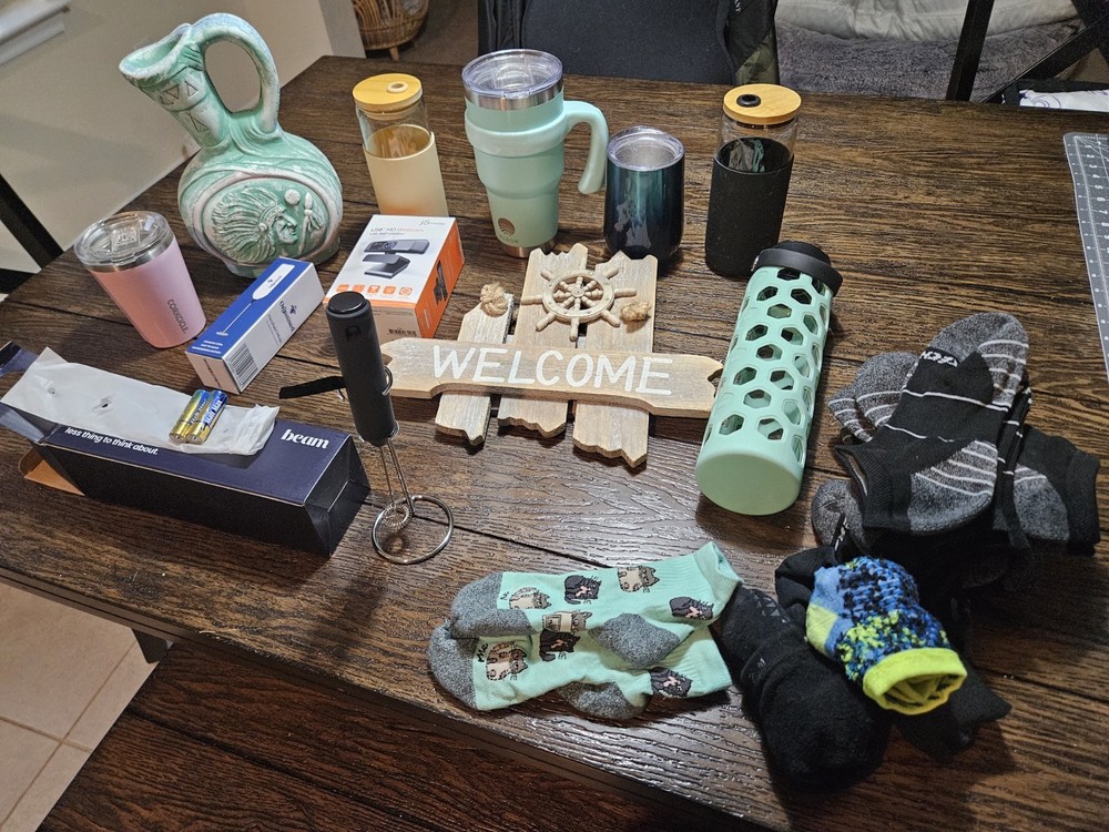 Mixed Home Goods Lot Webcam Cups Vase Frothers Socks Glass Glasses & More