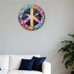 Colorful Peace Sign Wall Clock Wooden Silent Clock No Battery Home Decors