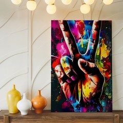 Colorful Peace Sign Hand Canvas Wall Art Modern Abstract Urban Pop Decor Print