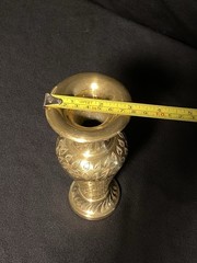Brass Metal Engraved Floral Trumpet Flower Vase, Gold, 8 in Tall 4 in Wide