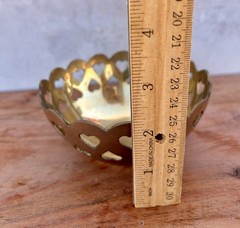 Gold Metallic Brass Metal Heart Cutout Decorative Round Bowl 5 in Dia x 2.5 in