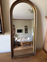 18 In. W X 39 In. H Gold Vintage Wood Arch Wall Mirror, Tabletop or Hanging Deco