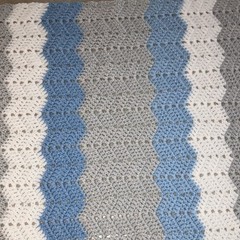 Vintage Handmade Crochet Chevron Small/Baby Throw Blanket Gray Blue White