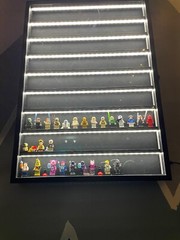 Minifigures Display Case LED Light Miniature Figure Cabinet Wood Box W/ Plates