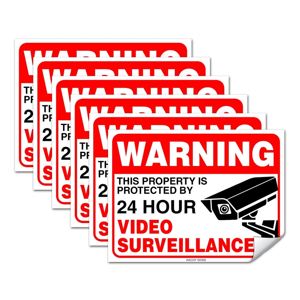 (Set of 6) Warning – 24 HR Video Surveillance Sticker- 3″ x 4″ – Durable Self…