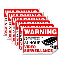 (Set of 6) Warning – 24 HR Video Surveillance Sticker- 3″ x 4″ – Durable Self…
