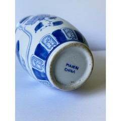 Vintage Blue & White Chinoiserie Vase | 10″ Porcelain Lotus Flower and Bird Vase