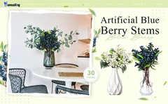 30 Pcs Artificial Blue Berry Stems Bulk, 9.8 Inch Faux Berry Picks with Green
