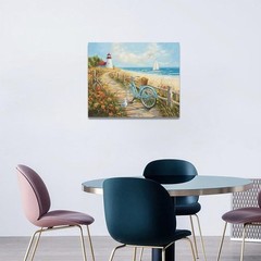 Vibrant Coastal Wall Decor: Framed Beach Bicycle and Lighthouse Canvas, 20”x16”