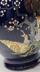Vintage Japanese Cobalt Blue Vase With Peacock & Floral Design 6 Inches High