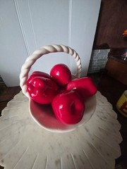 Ceramic Candy Red Apples (7) In White Basket Fruit Embossed Weave Handle