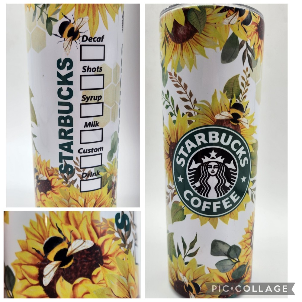 Sunflower and bee Starbucks Buzzin Stainless Steel Tumbler 8.25″ tall