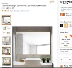 Medium Rectangle Gold Hooks Contemporary Mirror