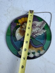 Vintage Faux Stained Glass Angel Suncatcher 8″ Round Crystalized Plastic Resin