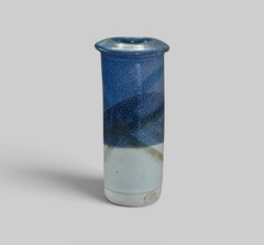 Signed Studio Pottery Vase Blue Glazed Cylinder Modern Handmade Ceramic Bud Vase
