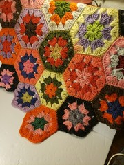 As-is Vtg Afghan Crochet Round Table Couch Decor Granny Hexagon Squares 1960-70s