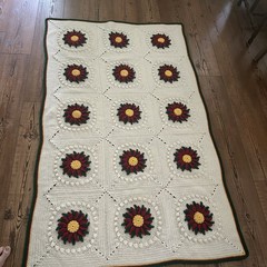 Vtg Christmas Crochet Afghan 3D Poinsettias White 38”x63” Red Green Bordered
