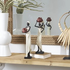 Standing African Women Set 2 Sculptures w/Red Pots Figurines Tribal Ethnic Decor