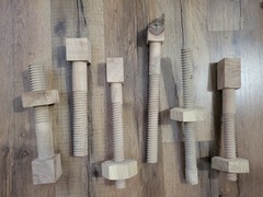 Handmade Wooden Screws. 3/4 in and 1 in Diameter by 8″ . 4 with removable nut