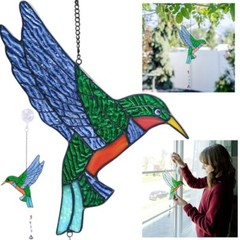 Birds Suncatcher Stained Glass Window Hanging Hummingbird Window Decor w/ Chain