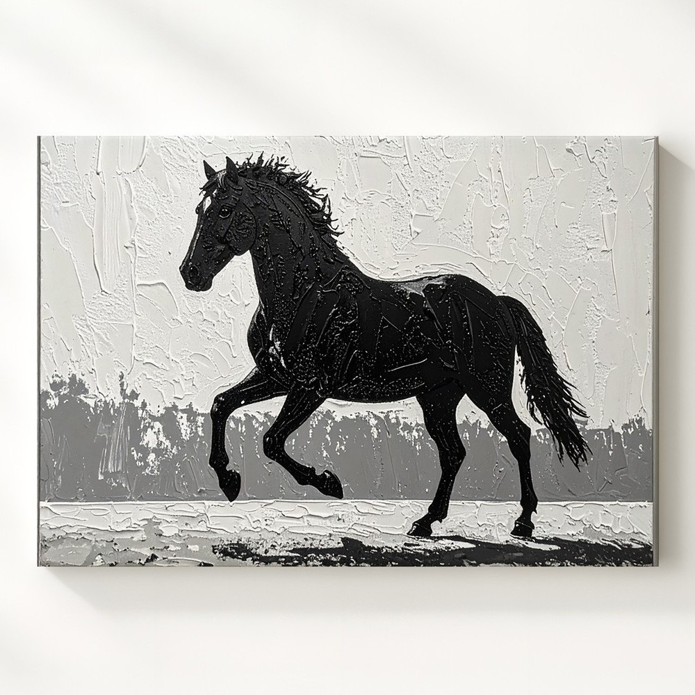 Textured Silhouette Horse Canvasminimalist Black On White Wall Art