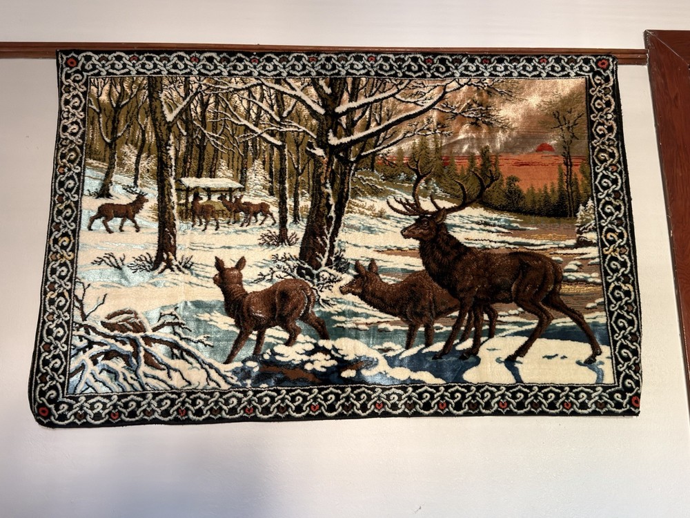 Deer Winter Forest Scene Multicolor Pictorial Horizontal Decorative Tapestry
