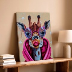 Canvas Funny Giraffe Portrait Pink Glasses Lips Fashion Room Elegant Boho Print