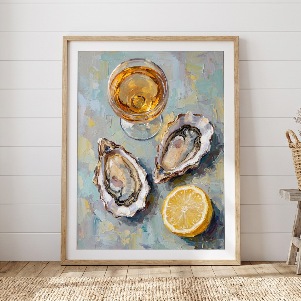 Oysters and Wine Art Poster Oil Painting Impressionist Kitchen Wall Decor Print